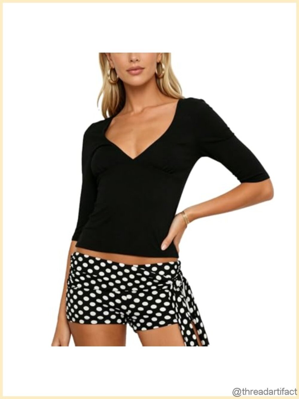 Women's Cotton 3/4 Sleeve V Neck Slim Fit Crop Top